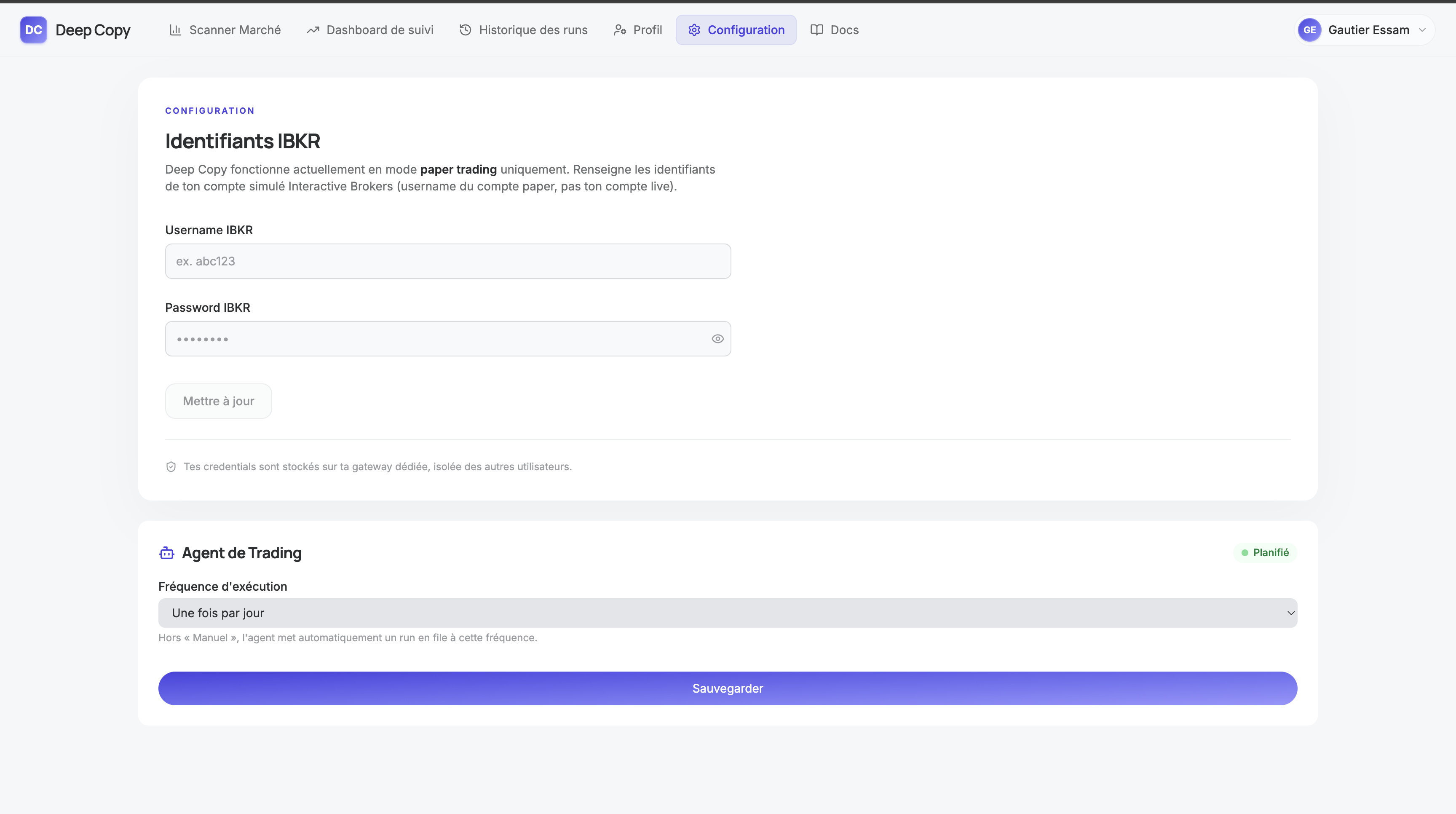 Page Configuration de Deep Copy avec le formulaire d'identifiants IBKR