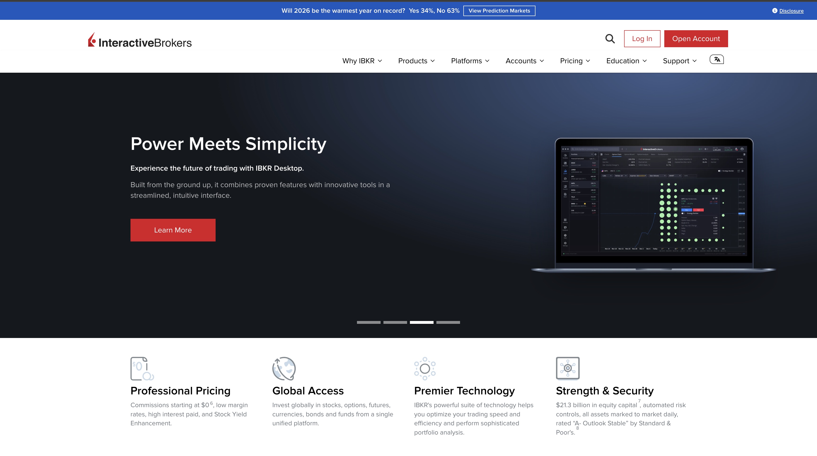 Page d'accueil Interactive Brokers avec le bouton Log In