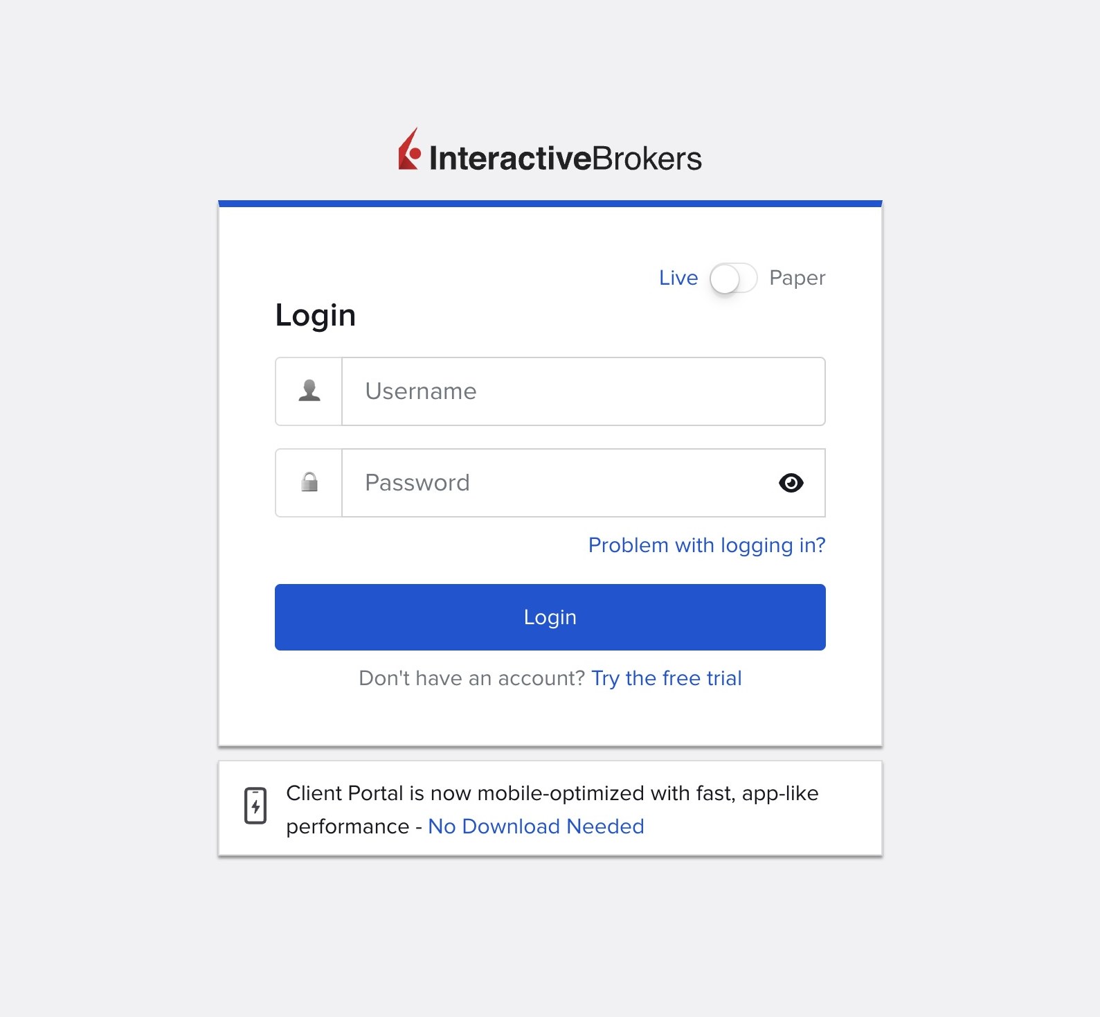 Page de connexion du Client Portal Interactive Brokers