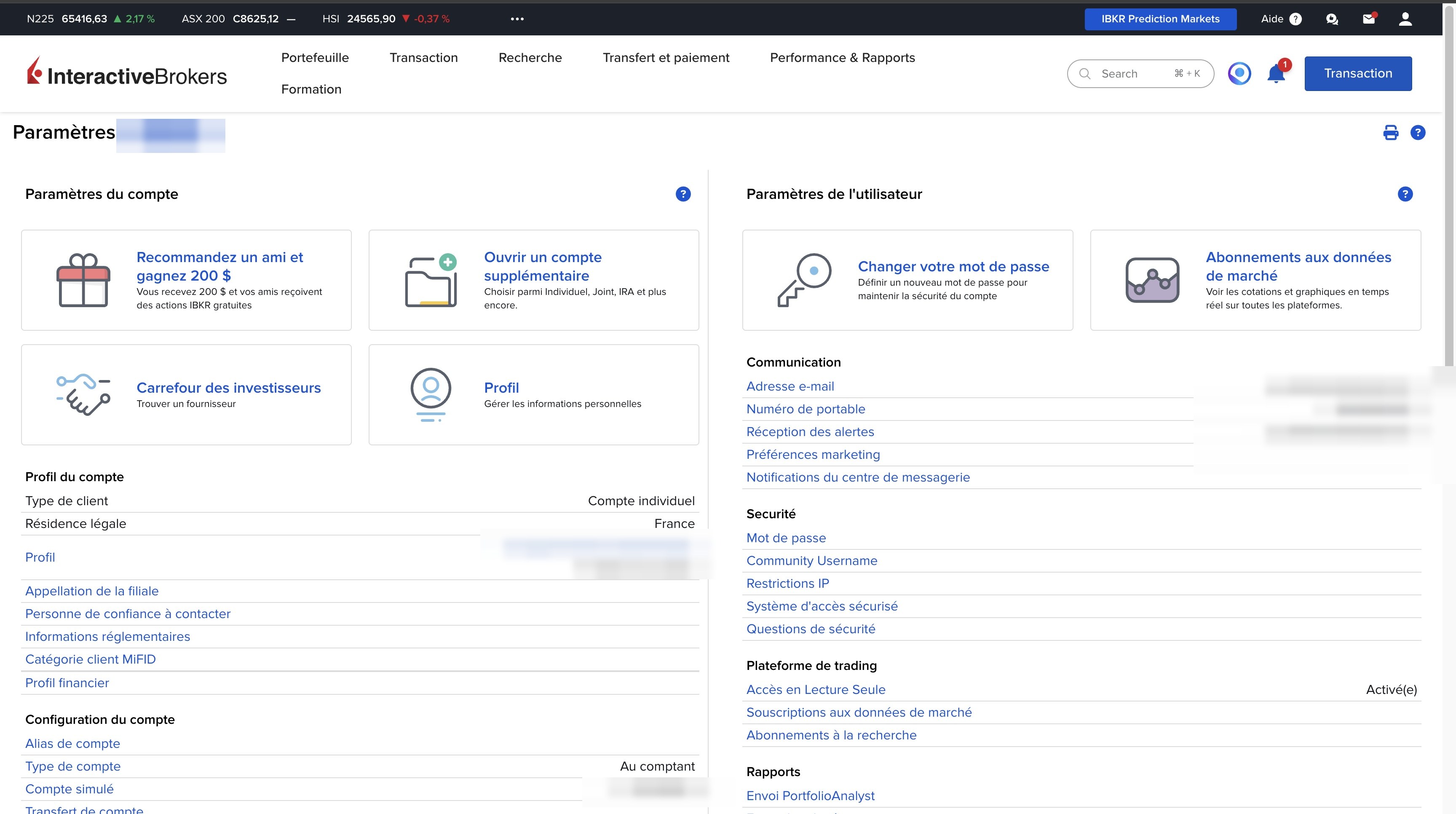 Page Paramètres du compte Interactive Brokers